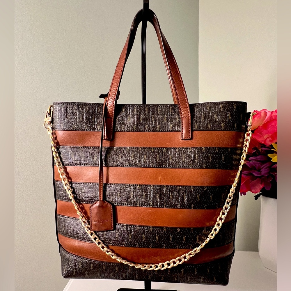 Authentic YSL Canvas and Leather Striped Tote Bag - Picture 2 of 16